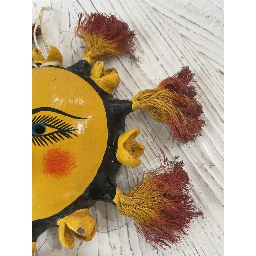 Vtg Mexican Coconut Shell Folk Art Mask Hand-Painted Celestial Sun Artsy